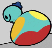 a cartoon drawing of a colorful balloon with a blue hat on it .