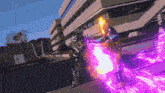 a man in a costume is holding a purple flame