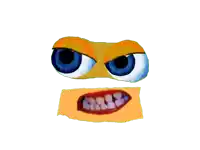 a cartoon character with blue eyes and a yellow mouth