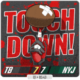 a sign that says touch down with a hand pointing at a football