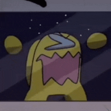 a cartoon of a yellow among us character with a pink mouth .