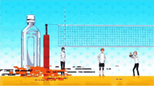 a volleyball court with a bottle of water and a butterfly