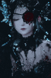 a woman with a red rose in her eye and a crown on her head