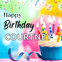 a birthday card with a cupcake and candles for courtney