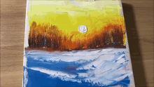 a painting of a sunset with trees and a moon in the background