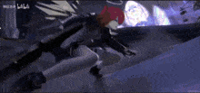 a girl with red hair is holding a sword in a video game scene