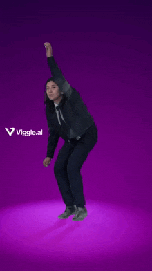 a man is dancing in front of a purple background that says ' viggle.ai ' on it