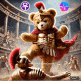 a teddy bear in a gladiator costume with a pulse.com logo