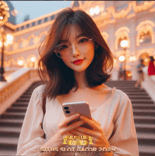 a woman wearing glasses is holding a cell phone in front of a building with the words museum bola situs slot gacor 2021