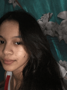 a girl with long black hair looks at the camera