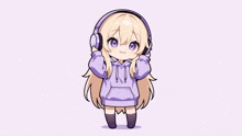 a cute anime girl wearing headphones and a purple hoodie .