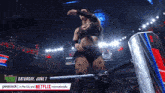 a woman in a wrestling ring with the date saturday june 7 on it
