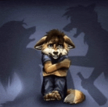 a furry fox is sitting in front of a shadow of a dog