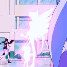 a cartoon of a girl holding a sword with a purple light coming out of it
