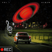a red car is driving down a road with music notes behind it and the words vol 1 album