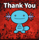 a cartoon axolotl is on a red background with the words thank you
