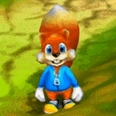 a cartoon squirrel wearing a blue jacket with the letter b on it is standing in the grass .