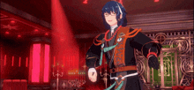 a cartoon character is dancing in a room with red lights .