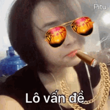 a woman wearing sunglasses and a chain smoking a cigar