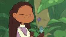 a cartoon girl is holding a potted plant with a sign that says plants