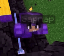 a purple monster truck is driving down a road in a minecraft video game .