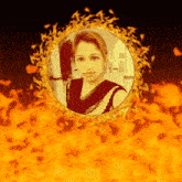 a picture of a woman in a circle with fire behind her