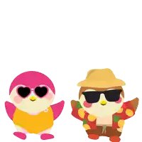 two penguins wearing sunglasses and a hat with the words summer fun written above them