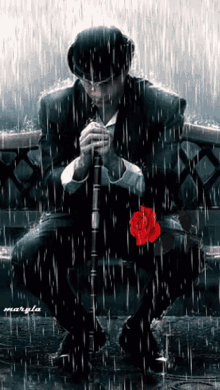 a man sits on a bench in the rain holding a rose