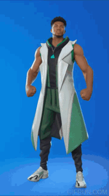 a man in a green and white outfit is dancing in front of a blue background