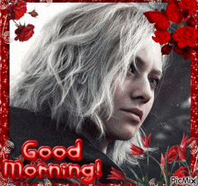 a picture of a woman with the words good morning