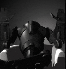 a black and white drawing of a robot with a red light on it 's head
