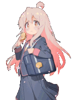 a girl in a school uniform is holding a bag and eating a piece of bread