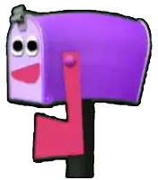 a purple mailbox with a red handle and a smiling face on it .