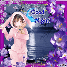 a picture of a girl with bunny ears holding a stuffed bunny with the words good night written on it