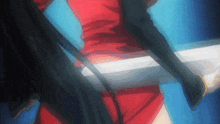 a woman in a red dress is holding a sword in her hand