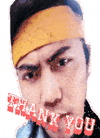a man with a bandana on his head and the words thank you on his face