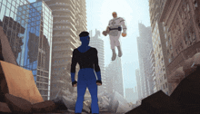 a cartoon of a man in a blue suit standing next to another man