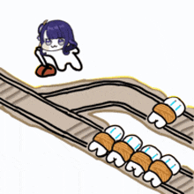 a cartoon of a girl riding a roller coaster with a bunch of rolls on the tracks
