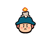 a cartoon character with a blue hat and a flame coming out of it 's mouth