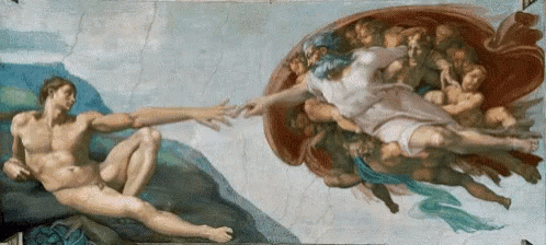 Adam reclining on a rock playing handsies with God. Modified scene from the Sistine Chapel