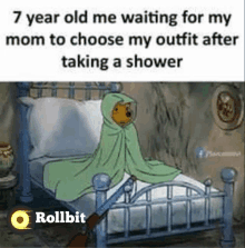 winnie the pooh is sitting on a bed waiting for his mom to choose his outfit after taking a shower
