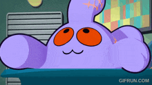 a purple cartoon character with red eyes is laying on a bed with gifrun.com written below it
