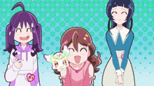 three anime girls are standing next to each other