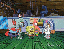 spongebob squarepants characters standing in front of a sign that says " galley rub "