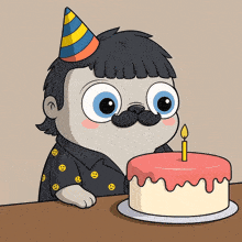 a pug wearing a party hat looks at a birthday cake with a single candle