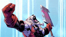 a cartoon character is holding a large bloody axe