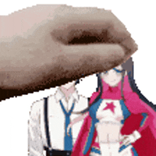 a man and a woman are standing next to each other and a hand is reaching out towards them