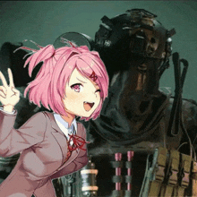 a girl with pink hair is giving the peace sign
