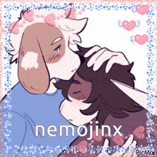 a drawing of a dog kissing a girl with nemojinx written in the corner