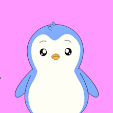 a blue and white penguin is standing next to a green penguin on a pink background